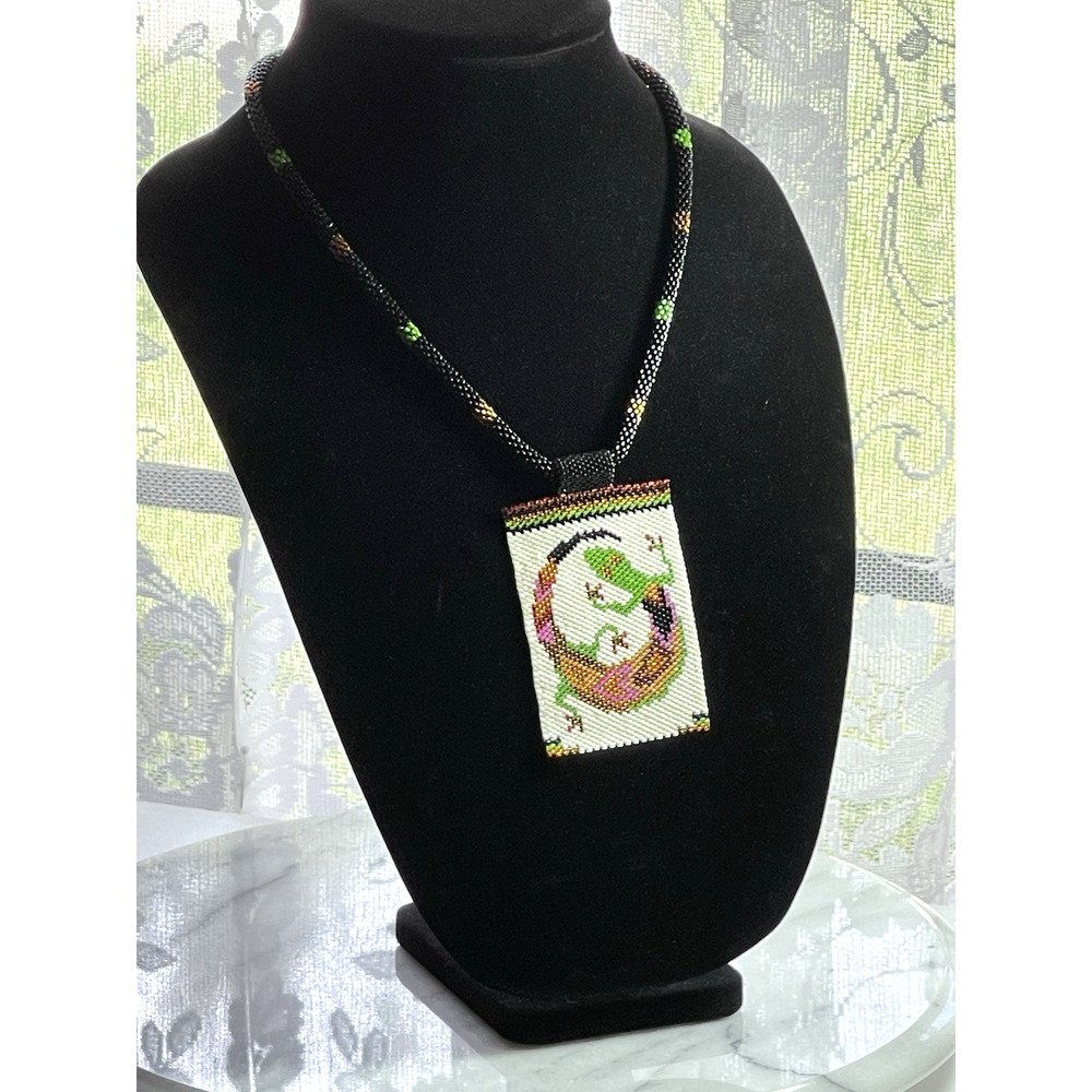 Handwoven Beaded Rope Necklace Gecko Lizard Pendant Miyuki Delica Beads Boho